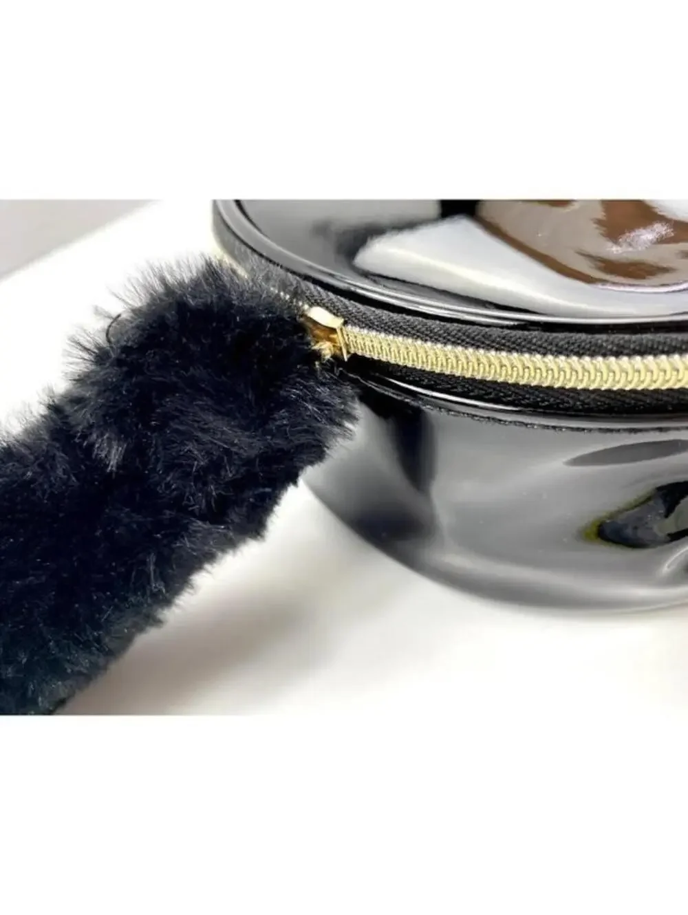 Lancome Paris Makeup Bag Black Circular Makeup Travel Carrier Case Fur Wristlet